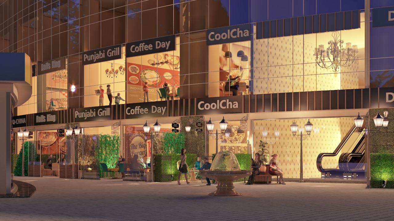 Illuminated retail and restaurant frontage with a clear pedestrian approach